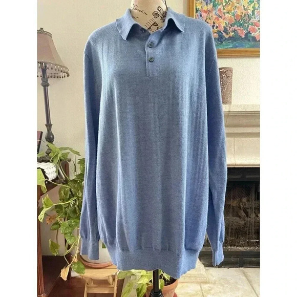 Alan Flusser Men’s Sweater Size‎ XXL Blue Merino Wool Blend Long Sleeve Collared - Picture 1 of 9
